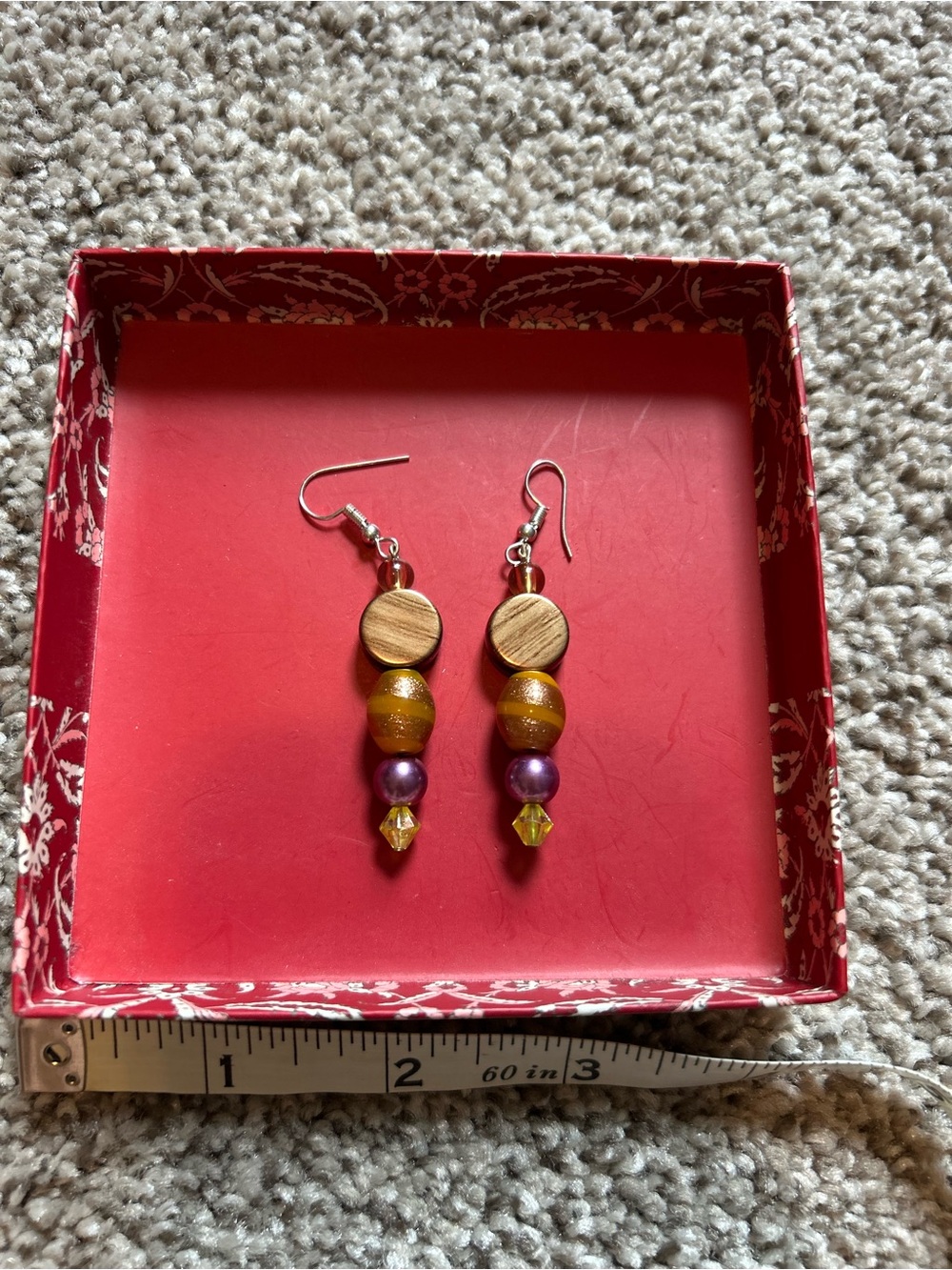 Handmade Multicolor Bead Drop Earrings - Gold and Purple